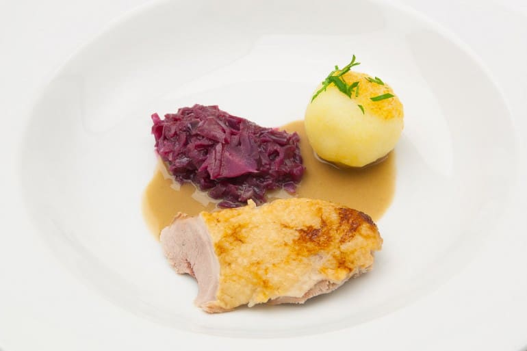 Classic duck with red cabbage and potato dumplings.