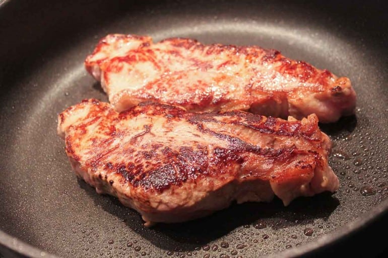 Rump steak nicely fried in the pan.