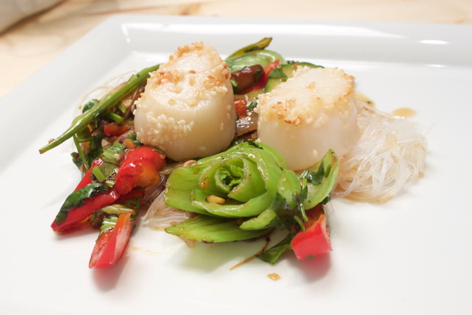 Asian Salad with Glass Noodles and Scallops, Recipe with Cooking Video Instructions