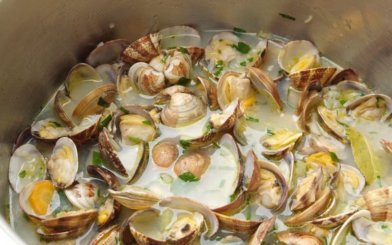 Clams or Vongole in white wine with vegetables.
