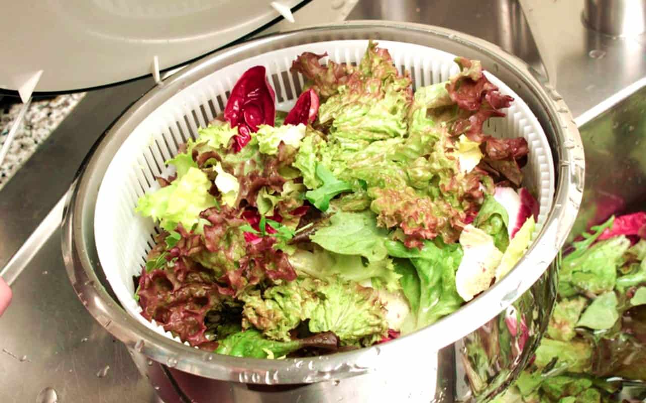 wash and spin dry colored lettuce leaves