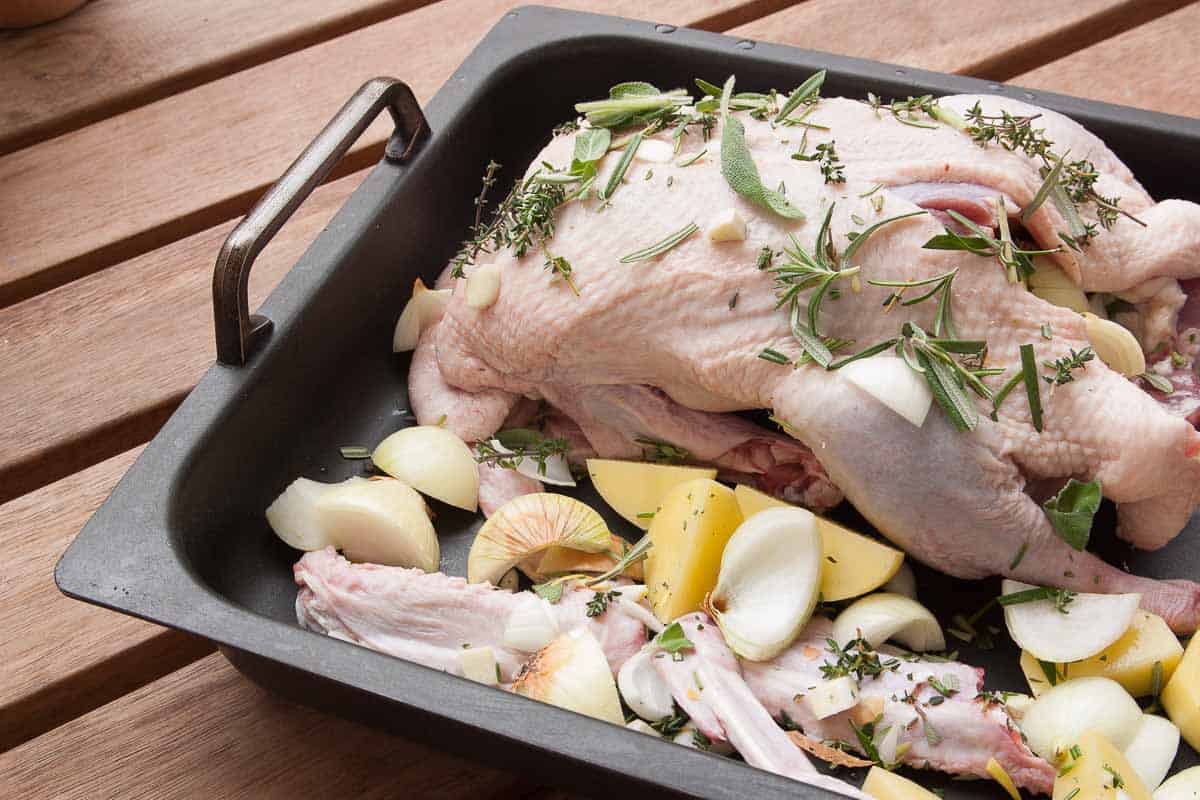 duck in a roasting pan raw with grave goods
