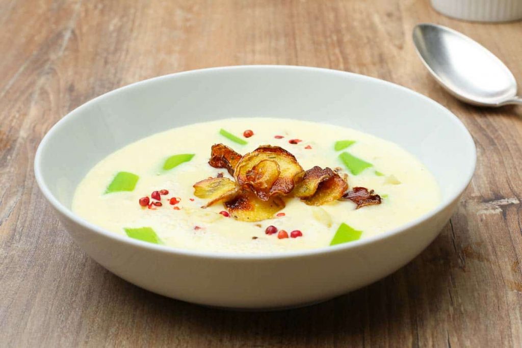 potato soup with garlic chips red berries