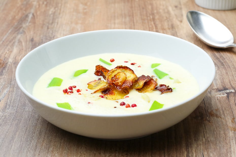 Potato soup with a filler is colorful and delicious.