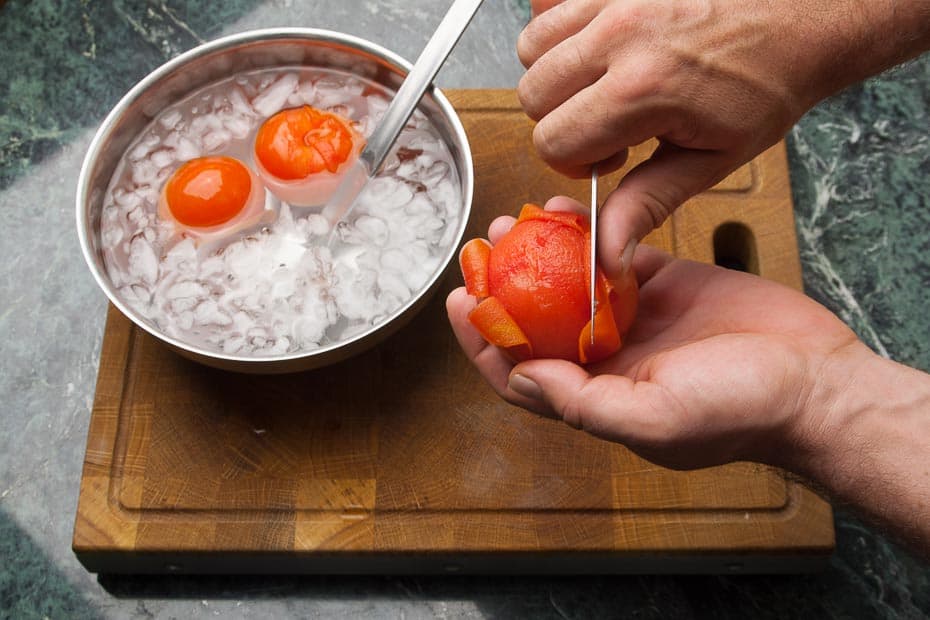 you can peel the blanched tomatoes after puting in ice-cold water