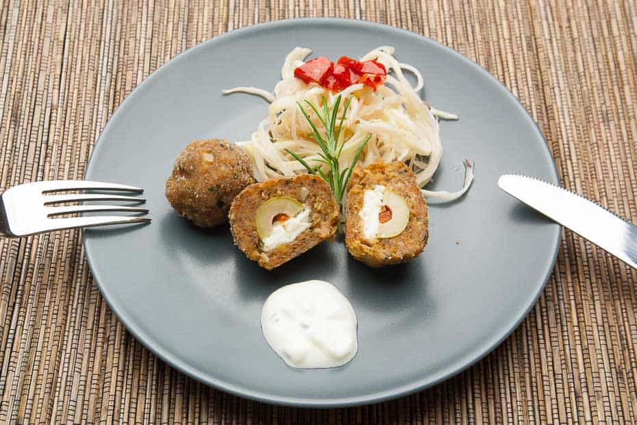 Greek meat balls with olive and feta cheese stuffing
