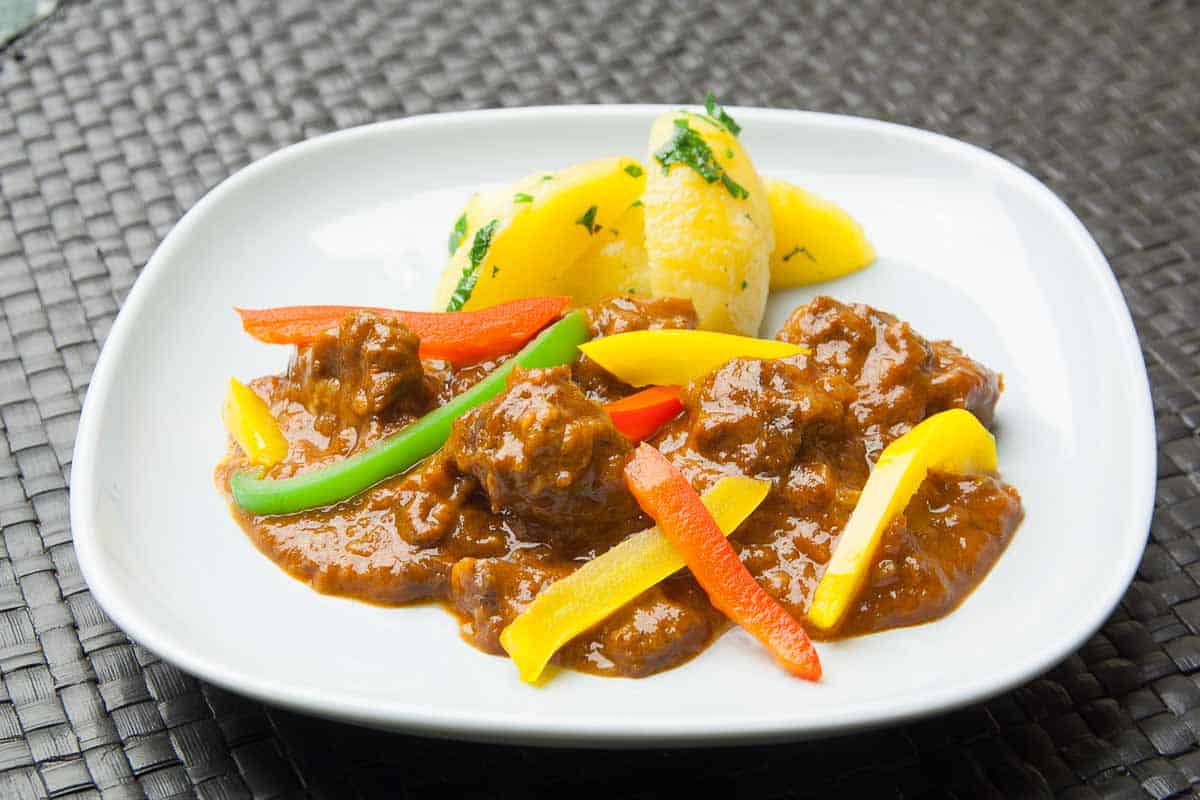 German pork goulash with peppers and potatoes