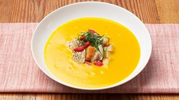 Pumpkin soup coconut with exotic ingredients