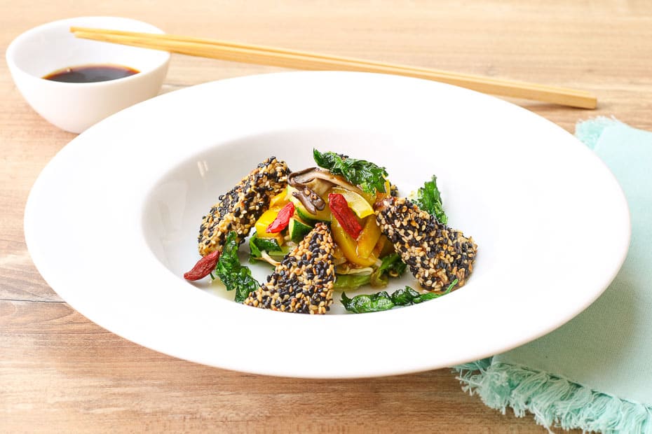 recipe photo for Tofu in a Sesame Coat on Vegetable Salad, a Vegan Recipe for Gourmets