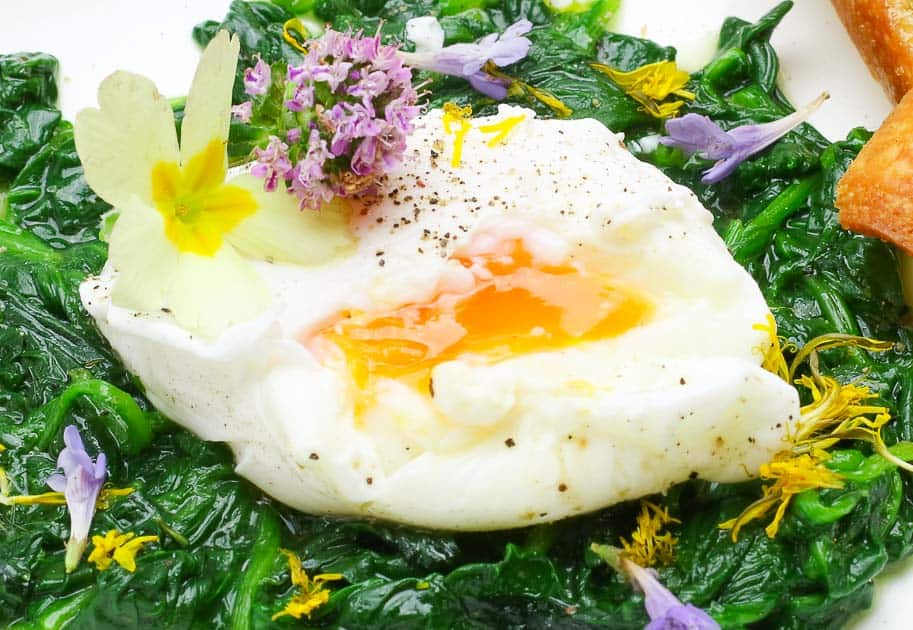poached egg with wild herbs and spinach yolg yellow