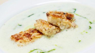 wild garlic soup with inlay tofu and muesli coat