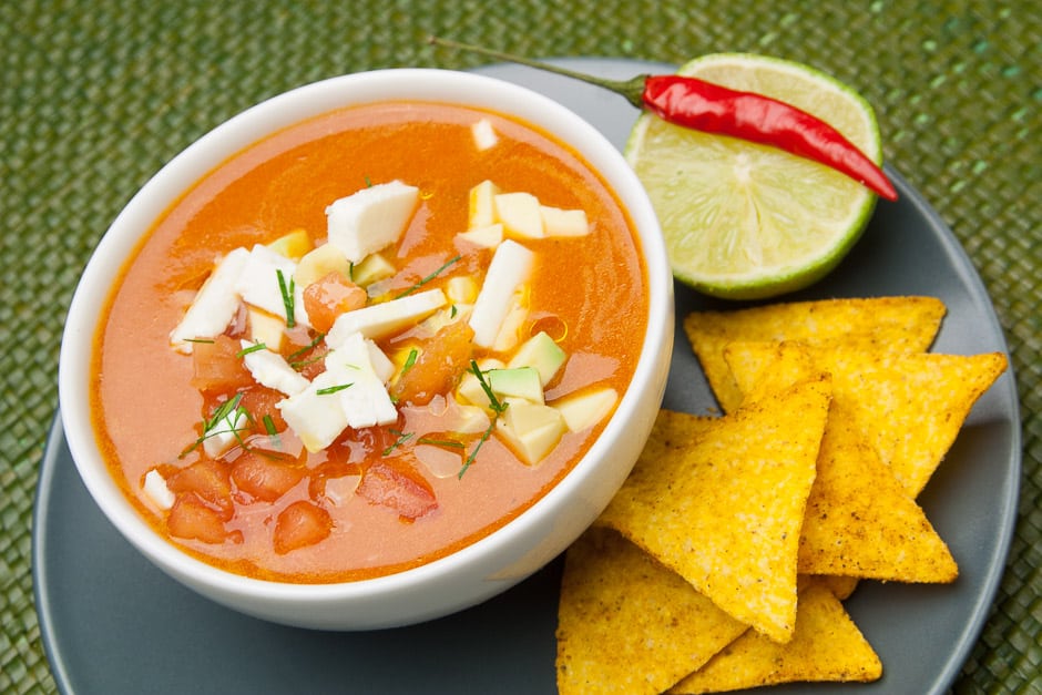Cold tomato soup with feta cheese, diced tomatoes, avocado, lime and chili. Refreshing and exciting in taste!