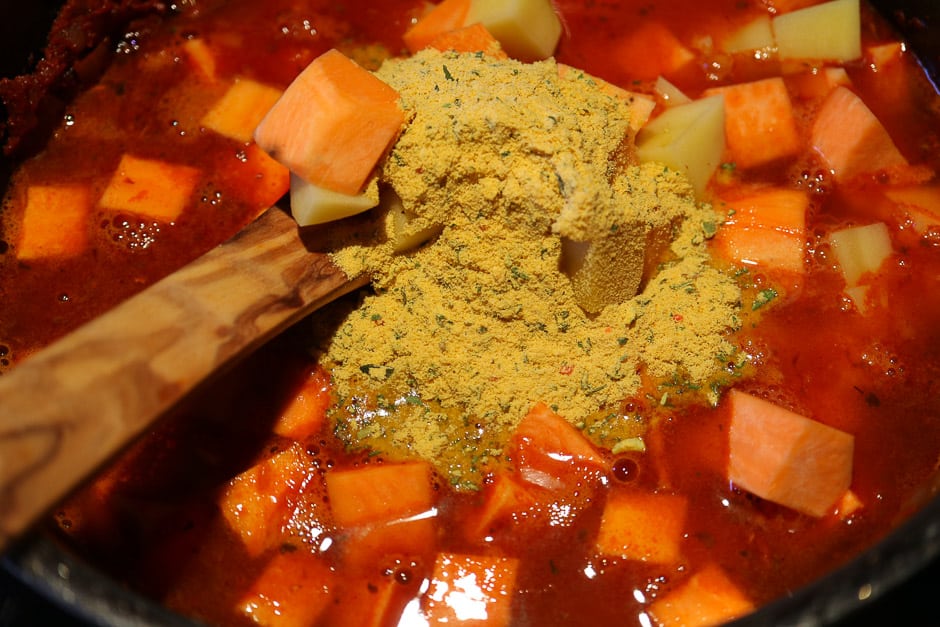 Typical color goulash, season with vegetable stock.