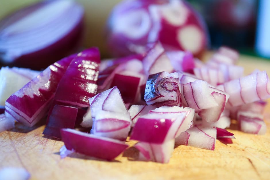 diced red onion close-up