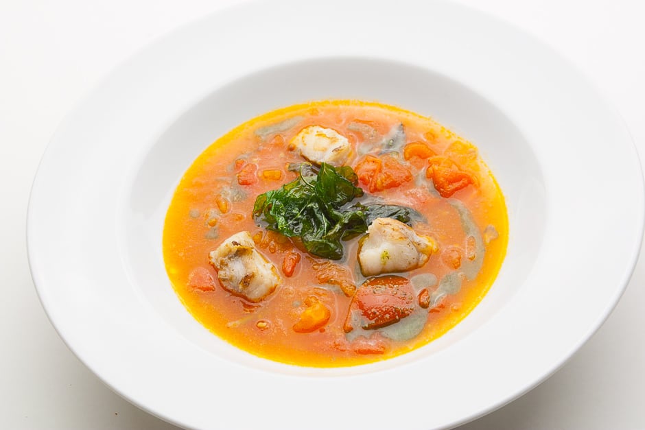 tomato soup from fresh tomatoes with pesto and monkfish