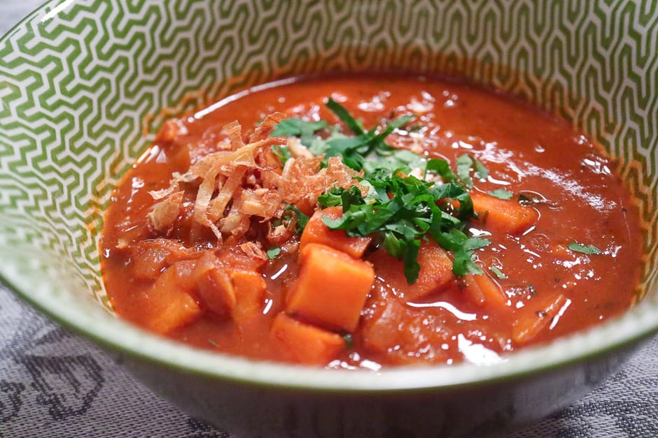 Vegan stew as goulash with sweet potatoes