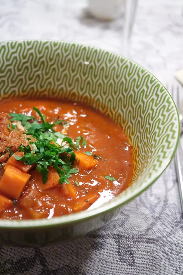 Goulash without any meat, this vegan stew tastes good and you won't miss anything.
