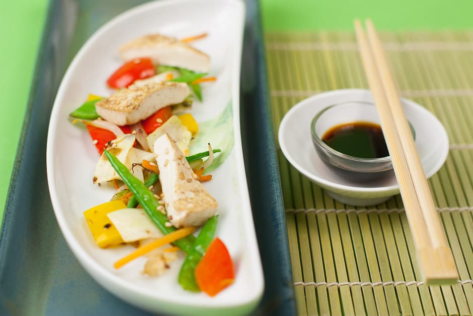 pan-fried vegetables with tofu and sesame and soy sauce