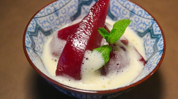 Red wine pears with zabaglione