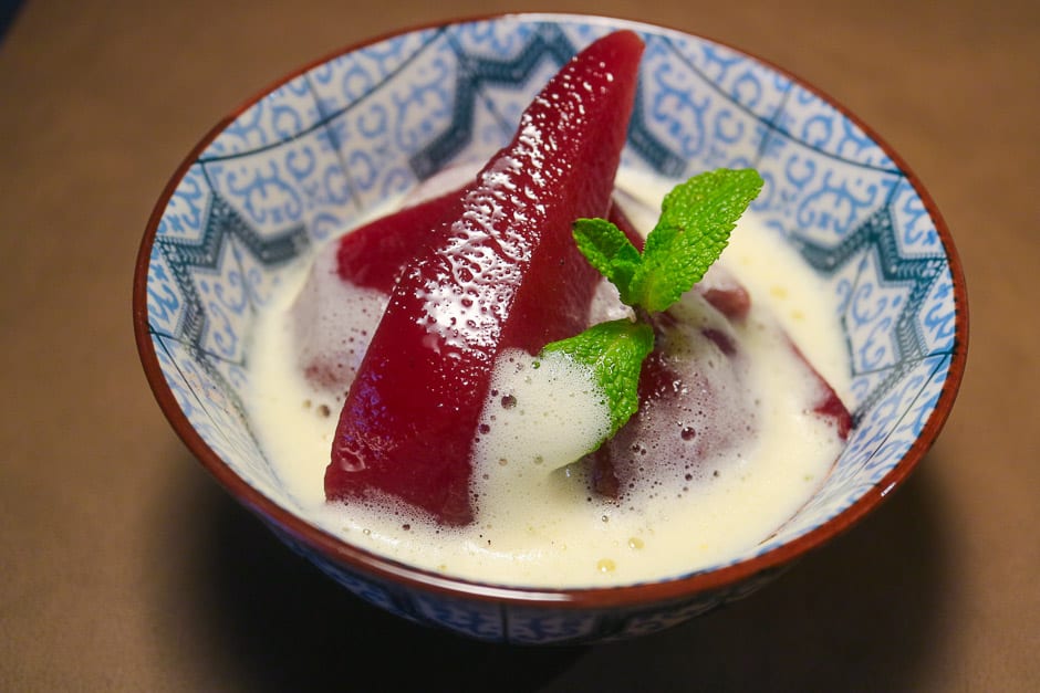Red wine pears with zabaglione