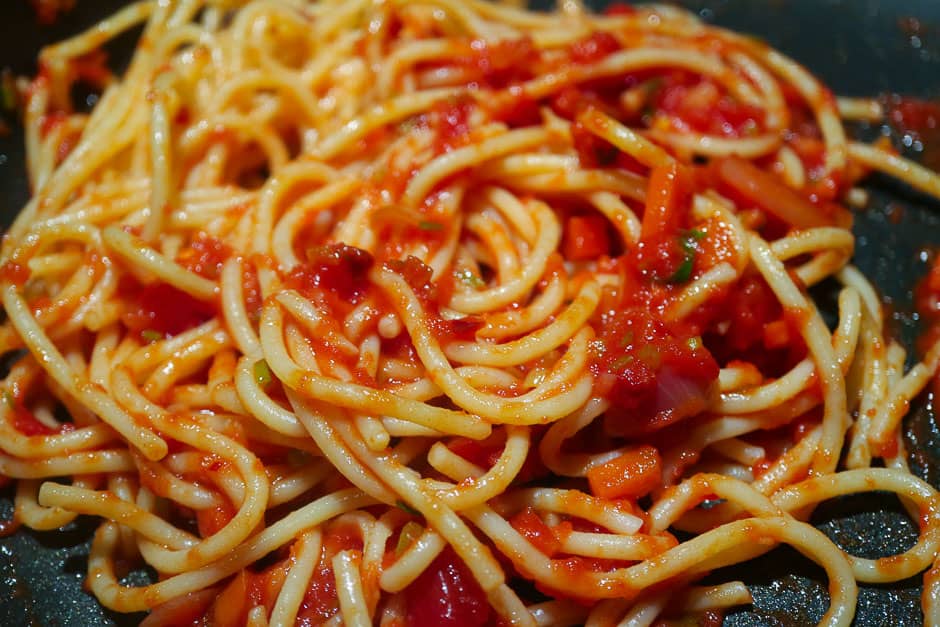 Spaghetti all'Amatriciana smeared in the pan and delicious!