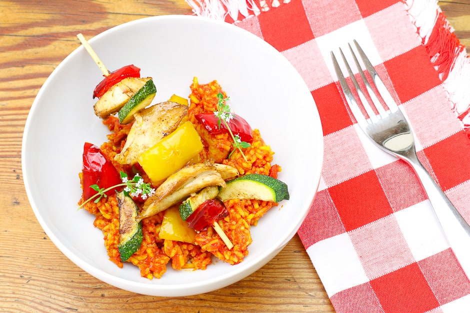 Chicken Skewers with tomato rice Recipe Image