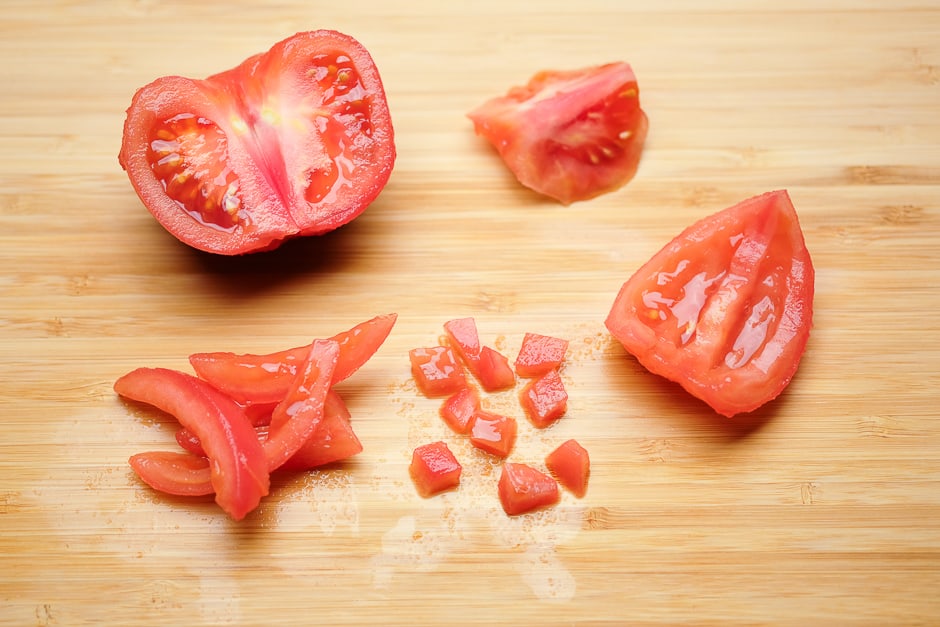 Prepare tomato cubes and tomato concasse