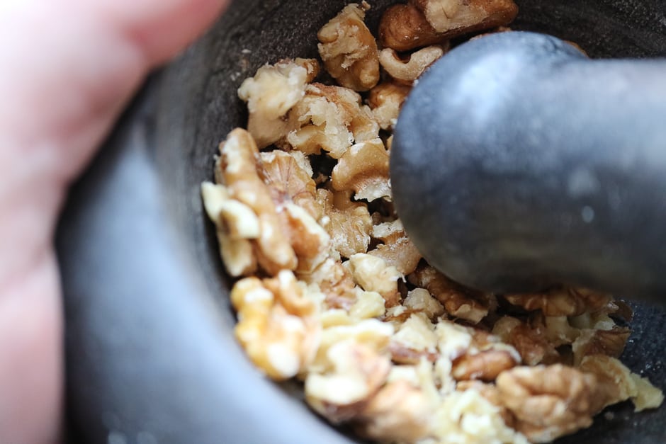 walnuts, walnut kernels in mortar