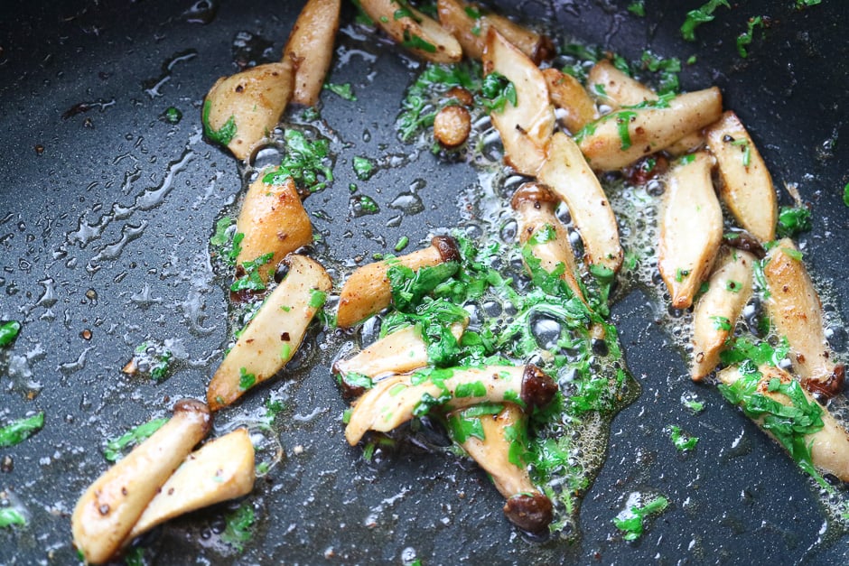 King oyster mushrooms when frying in butter and parsley.