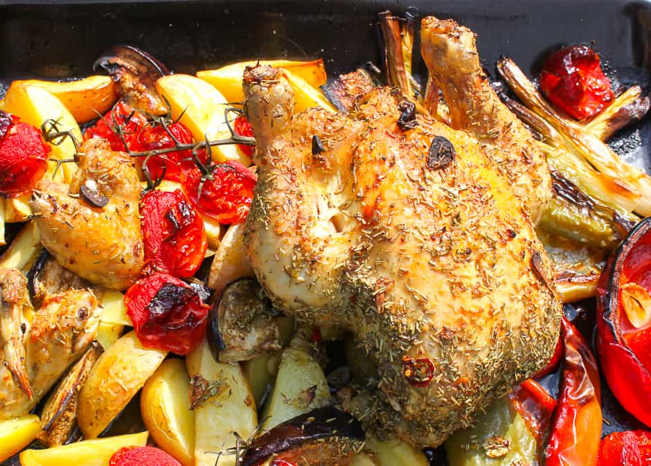 Roasted chicken with vegetables ready-made.