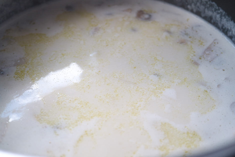 Cream and stock in one saucepan.