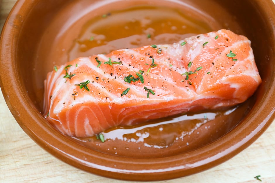 Salmon fillet prepared for cooking in the oven.