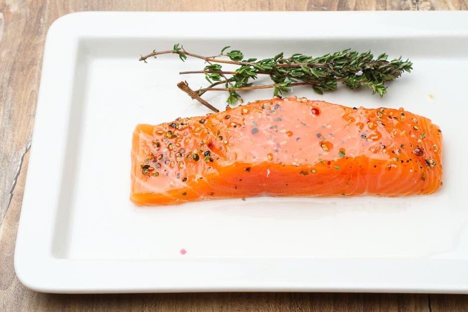 Raw salmon on the plate