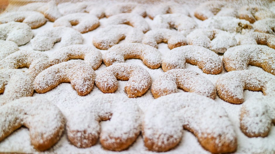Vanilla crescents baked and with powdered sugar