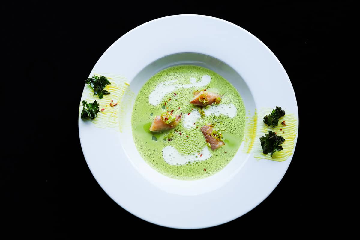 Kale soup with smoked eel and smoked foam