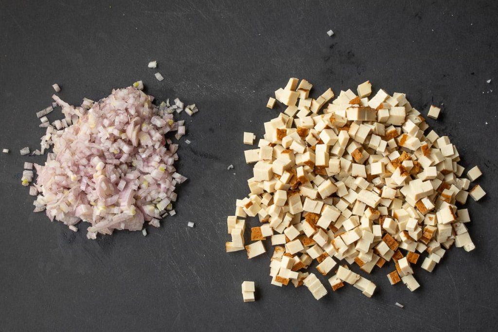 Diced shallots with diced smoked tofu
