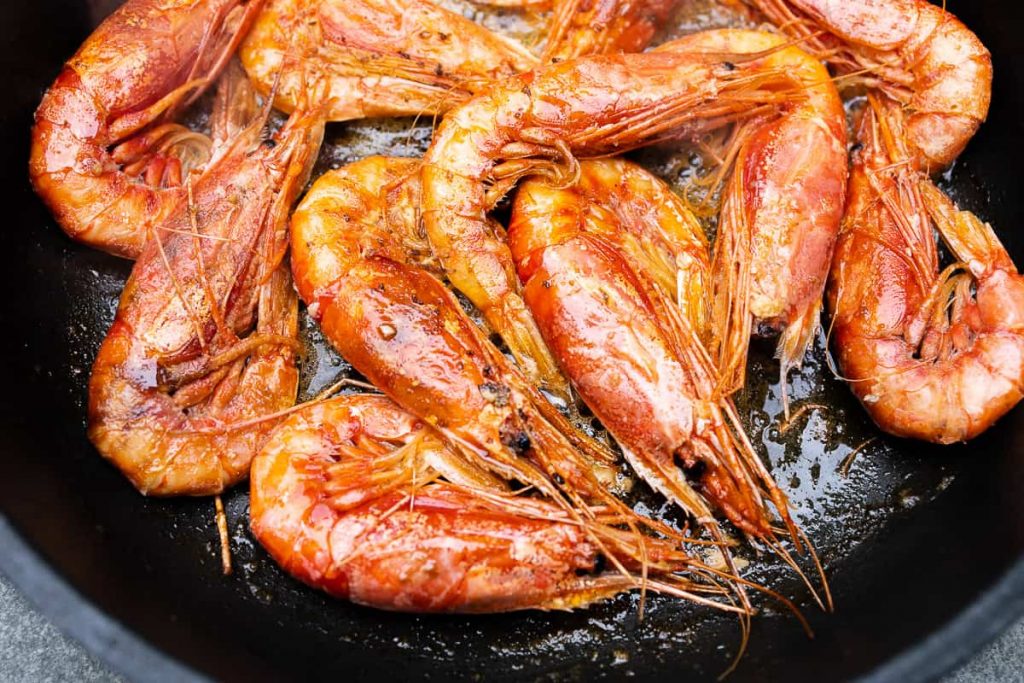 red prawns in the pan