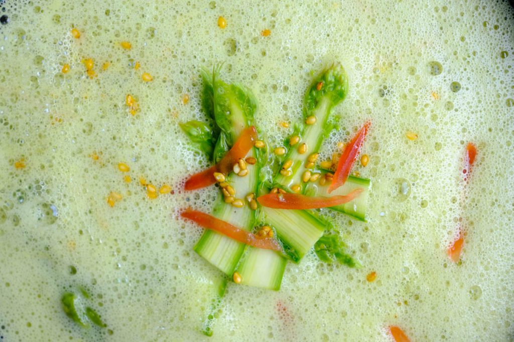 Detail of green asparagus soup