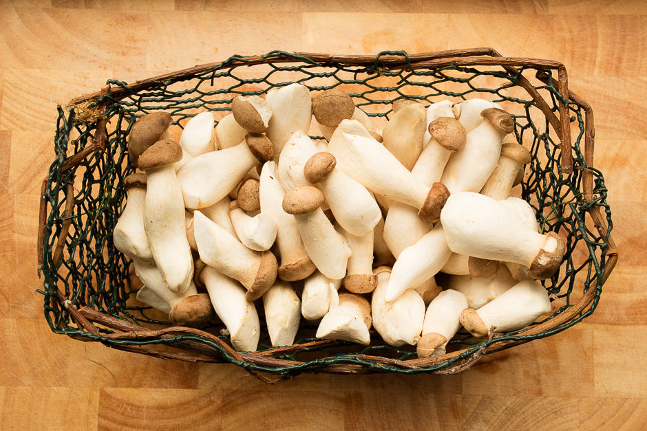 King oyster mushrooms in a basket fresh from the market.