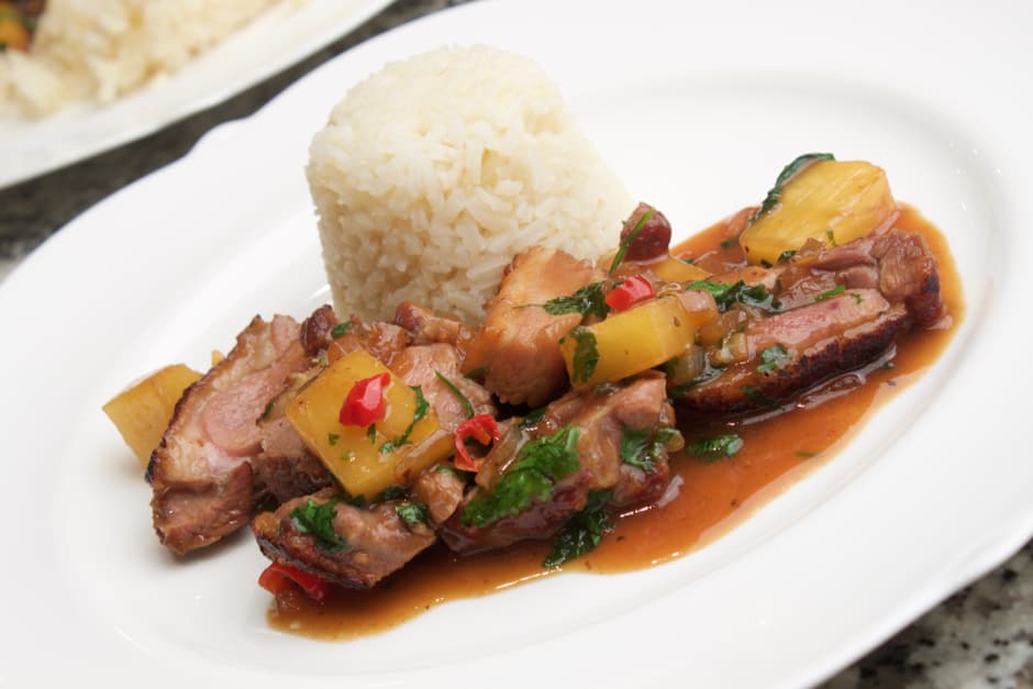 Duck with Pineapple Coriander and Redbull. Unusual recipe for duck with peppers and rice.