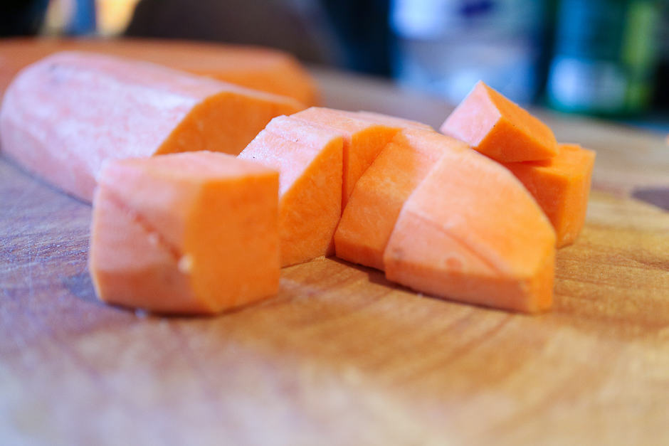 Sweet potato cut into cubes on the cutting board