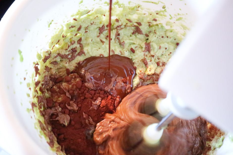 Vegan chocolate mousse while mixing the ingredients.