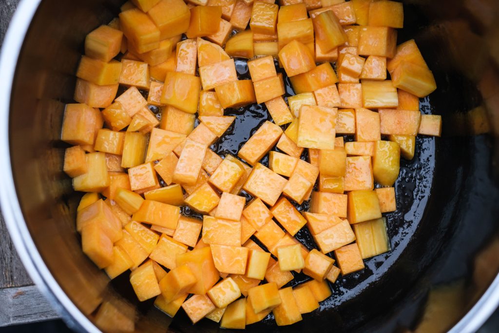 Pumpkin pieces in the pot fresh when sweating