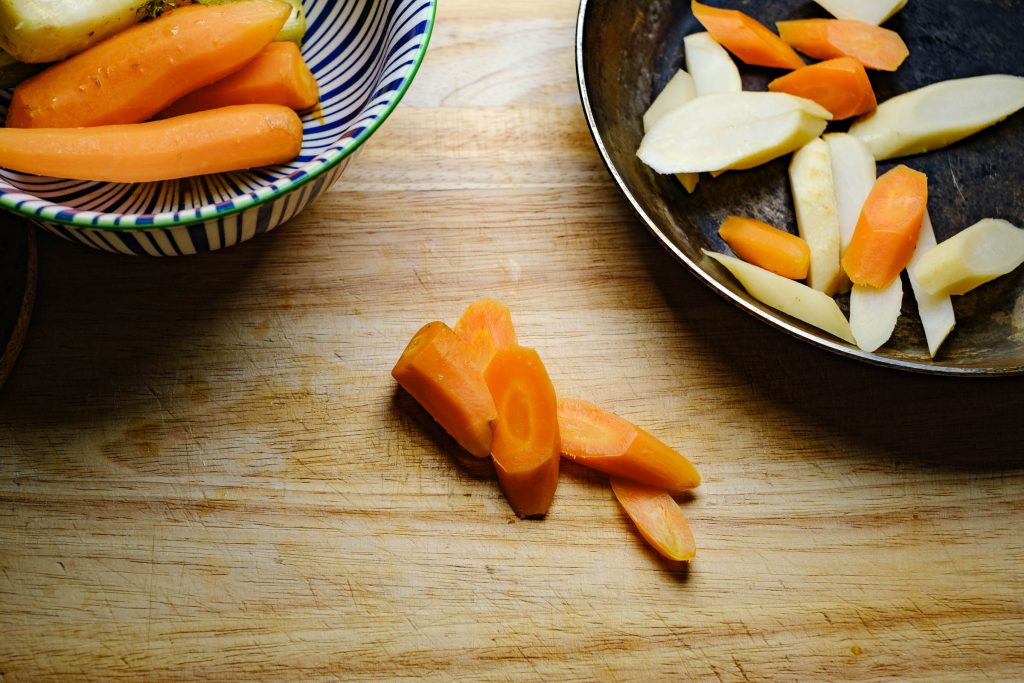Cut cooked root vegetables