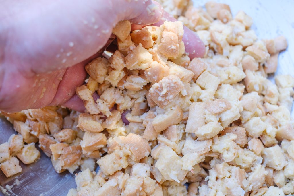 Mix the breadcrumbs into the dumpling mixture