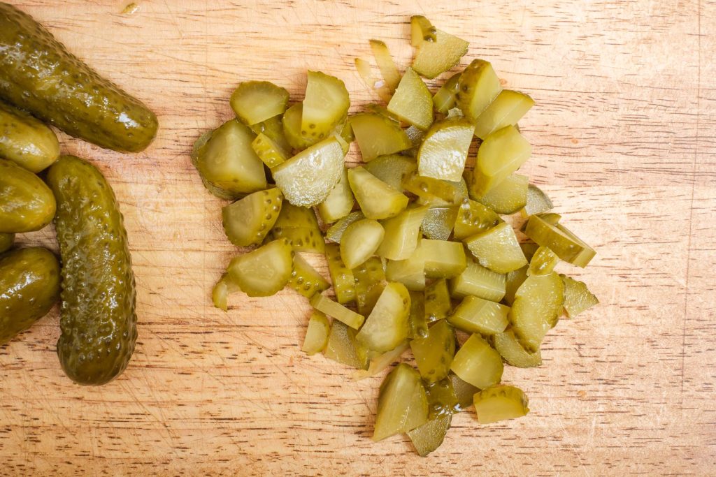 Cut pickles for Bavarian sausage salad
