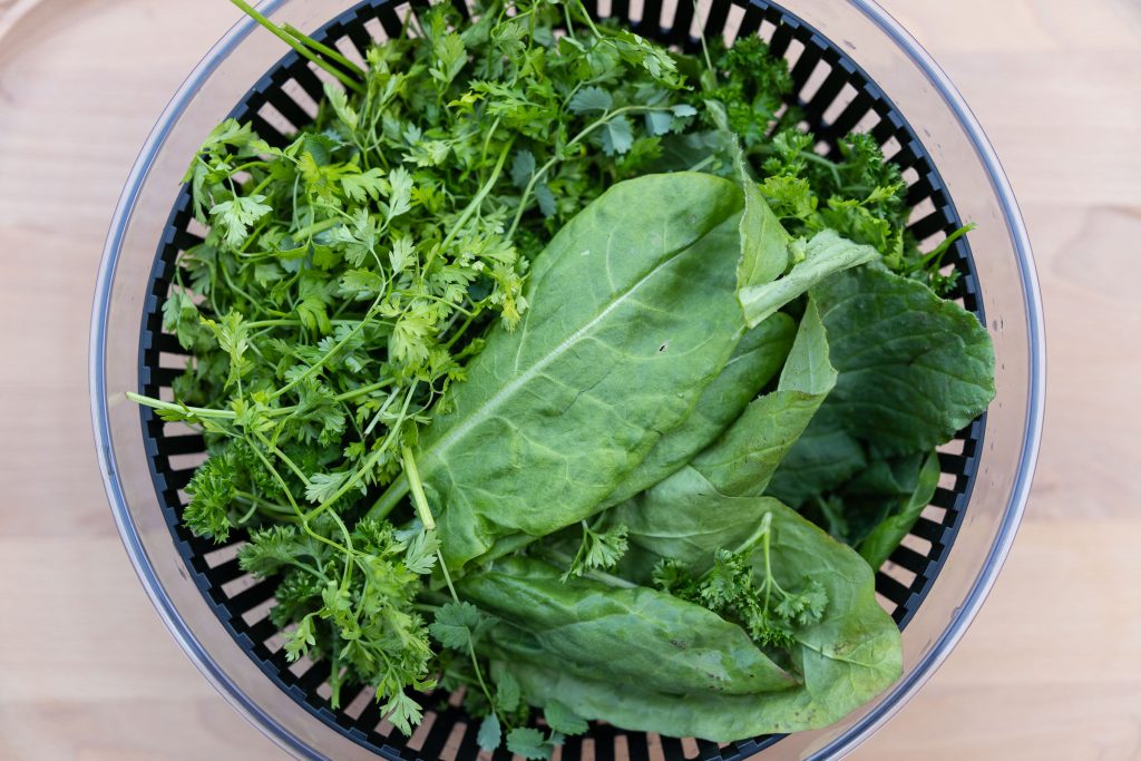 Herbs for Frankfurt green sauce in the salad spinner