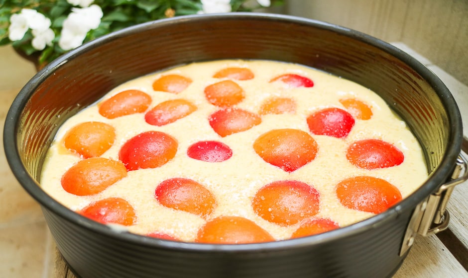 Eingefüllter Aprikosenkuchen mit Früchten und mit Zucker bestreut.